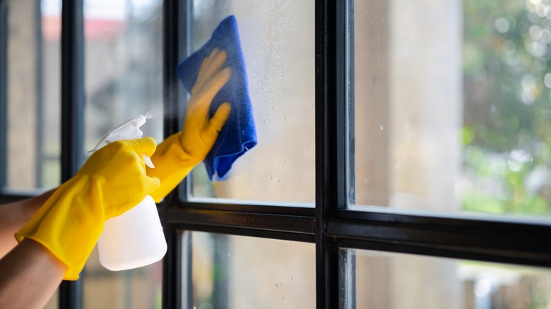 Person cleaning window